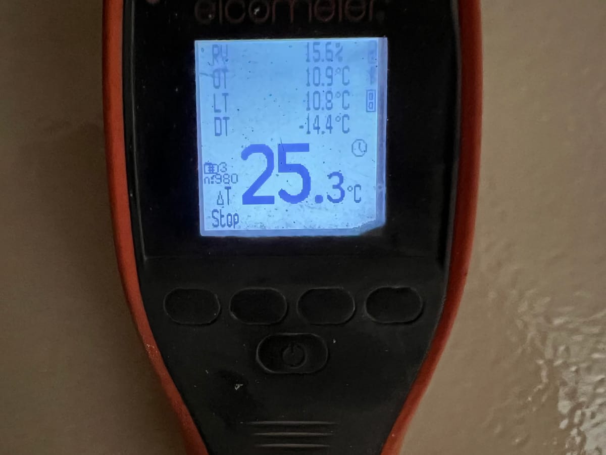 Elcometer dew-point meter showing humidity, surface temperature and dew point