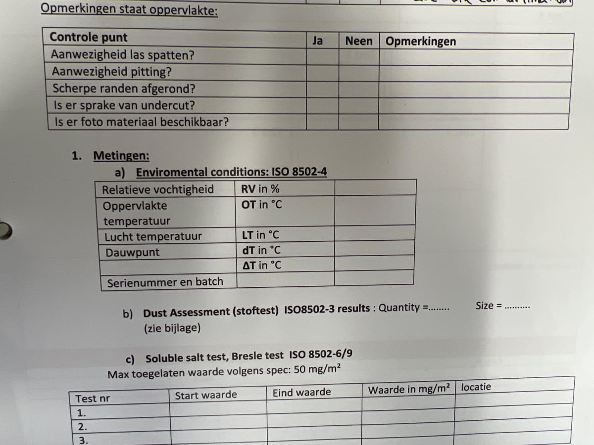 Inspection report logging ISO 8502 readings for climate, dust and soluble salts